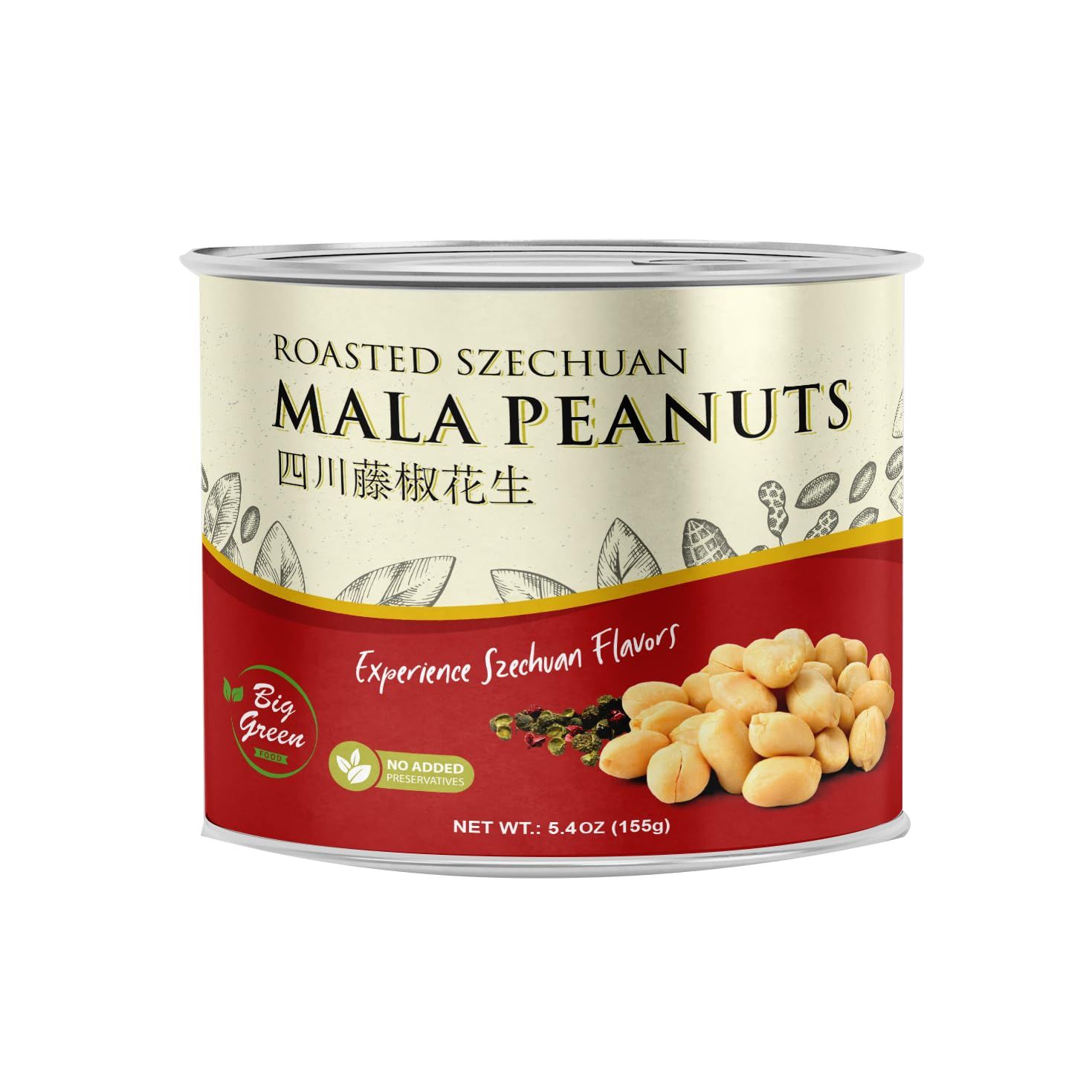 Big Green Food - Roasted Szechuan Mala Peanuts, Spicy &amp; Savory Snack with Numbing Peppercorn Heat, Authentic Szechuan Flavor, Crunchy &amp; Delicious, 5.4oz (155g) (1 Pack)