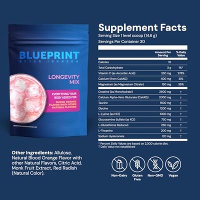 Blueprint Bryan Johnson Longevity Mix - Muscle Builder & Recovery Supplement - Promotes Focus and Balanced Mood - Creatine, L-Theanine, Calcium - Vegan, Keto Friendly (Blood Orange)