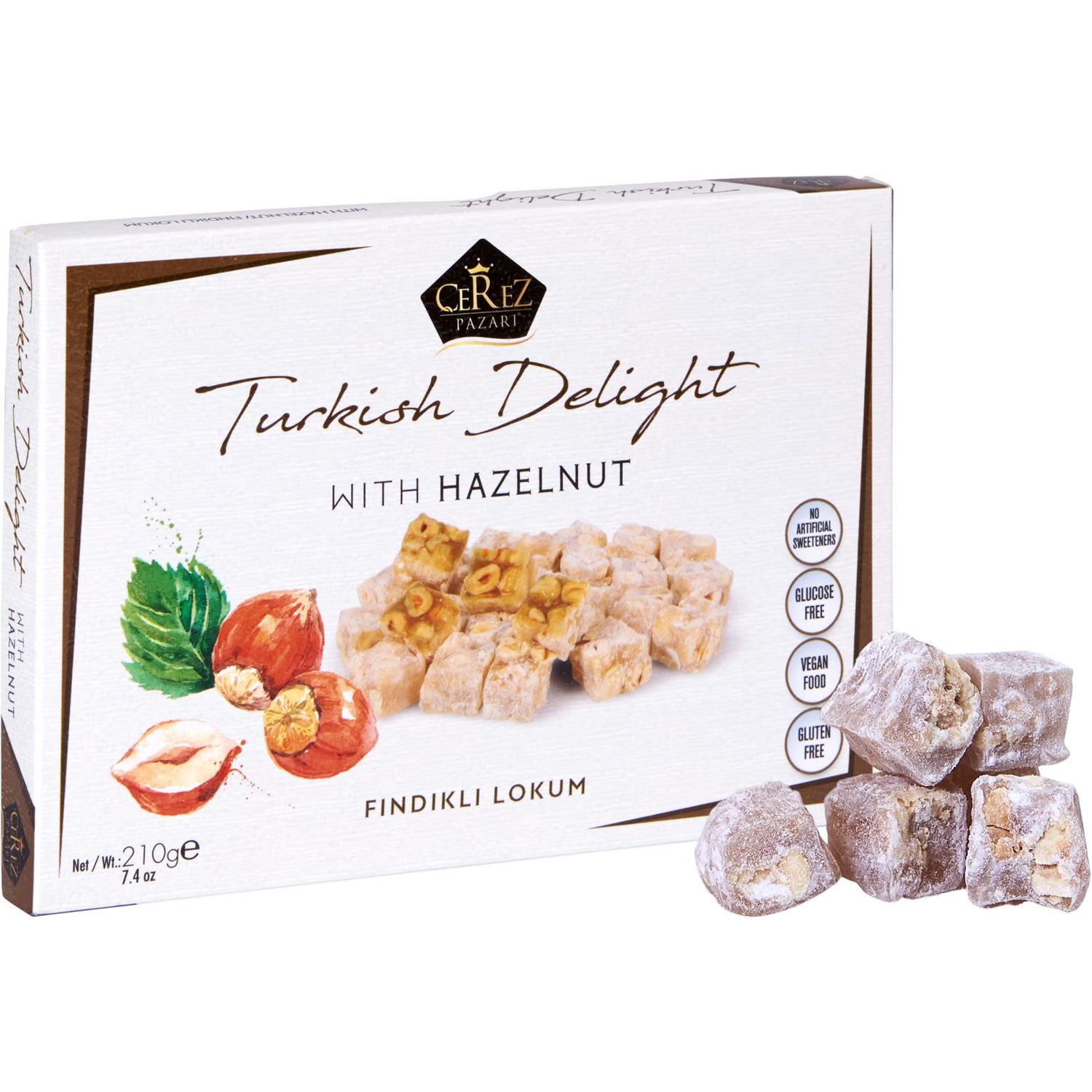 Cerez Pazari Turkish Delight Hazelnut Candy Gourmet Premium Vegan Sweets Small Gift Box 7.4oz  Luxury Traditional Soft Confectionery Lokum (Loukoumi)  Small Size Snacks Apprx.35 Pcs