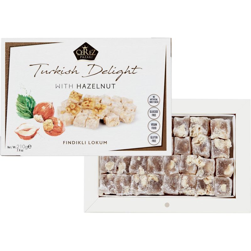 Cerez Pazari Turkish Delight Hazelnut Candy Gourmet Premium Vegan Sweets Small Gift Box 7.4oz  Luxury Traditional Soft Confectionery Lokum (Loukoumi)  Small Size Snacks Apprx.35 Pcs