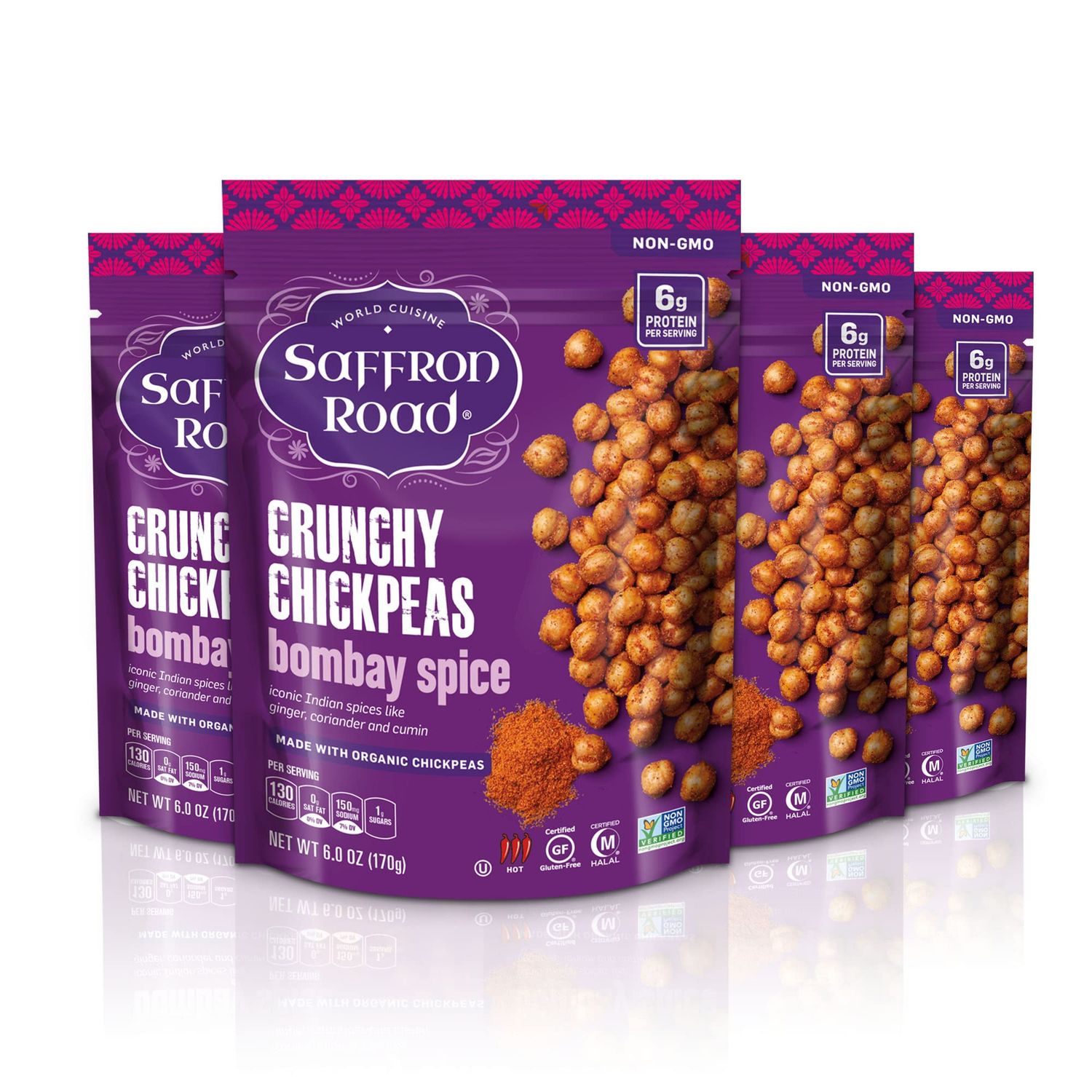 Saffron Road Organic Crunchy Chickpea Snacks-Gluten Free, Non-GMO, Halal, Kosher, Vegan (Bombay Spice, 6 oz (4 Pack))