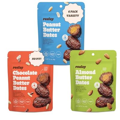 Realsy Pitted &amp; Stuffed Medjool Dates, Organic Dates with No Sugar Added, Gluten-Free, Vegan, Good Source of Fiber, Low Glycemic Index, All Natural Healthy Snack (Variety 6 Pack)