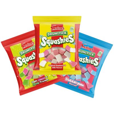 Squashies DrumStick Candies Variety Pack - Original Rasberry &amp; Milk, Sour Cherry &amp; Apple, and Bubble Gum Flavour - 120G (3 PACK BUNDLE) - Imported from UK