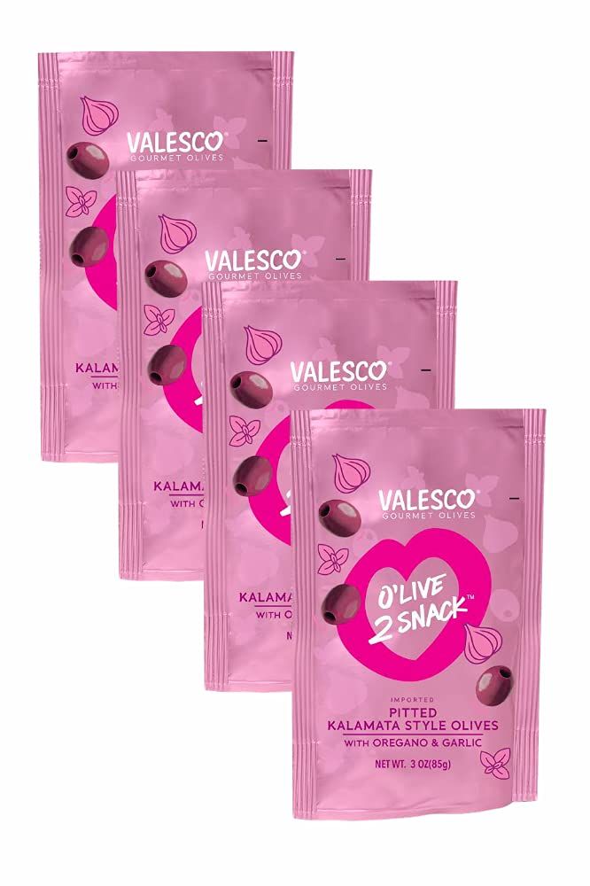 Valesco Gourmet Olives, O&#39;Live 2 Snack, Pitted Kalamata Style Olives with Oregano &amp; Garlic, 3 oz (Pack of 4)