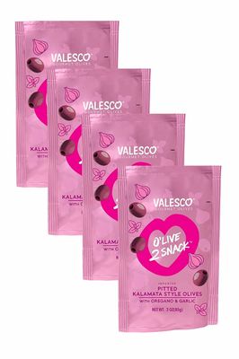 Valesco Gourmet Olives, O&#39;Live 2 Snack, Pitted Kalamata Style Olives with Oregano &amp; Garlic, 3 oz (Pack of 4)