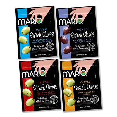Mario Camacho Foods Pitted Snack Olives, Variety Pack, 1.05 oz Pouches (Pack of 12) - 3 Each of Green with Sea Salt, Savory Pepper, Garlic, and Kalamata with Thyme