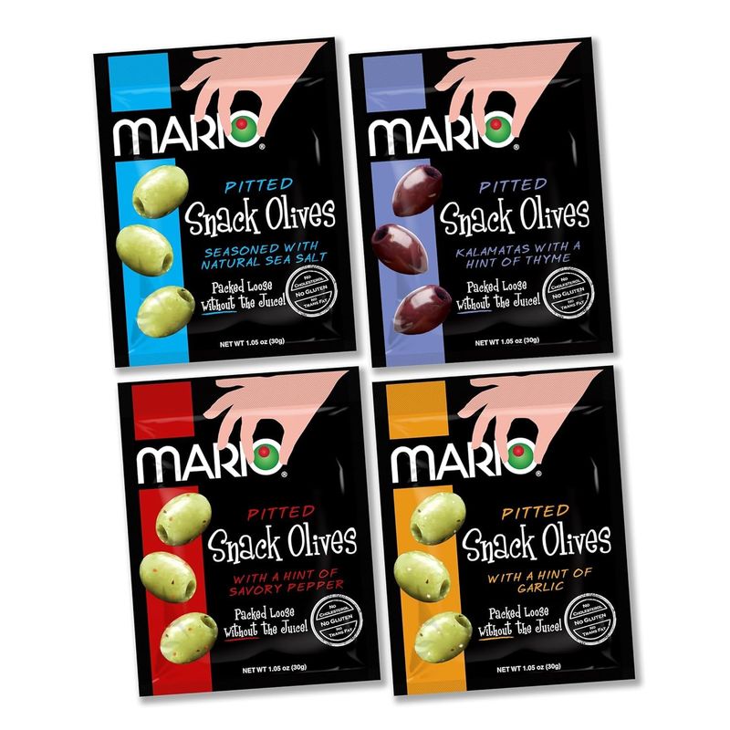 Mario Camacho Foods Pitted Snack Olives, Variety Pack, 1.05 oz Pouches (Pack of 12) - 3 Each of Green with Sea Salt, Savory Pepper, Garlic, and Kalamata with Thyme