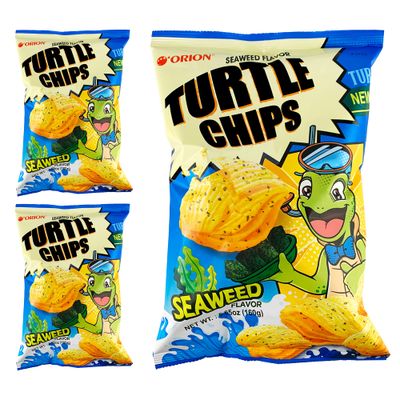 K-Munchies Orion Turtle Chips - 3 Pack of 160-gram Seaweed Flavor Korean Chips - Savory, Tasty, Puffy and Crispy Korean Corn Chips - Bite-Sized, On-The-Go Korean Corn Snack for the Whole Family