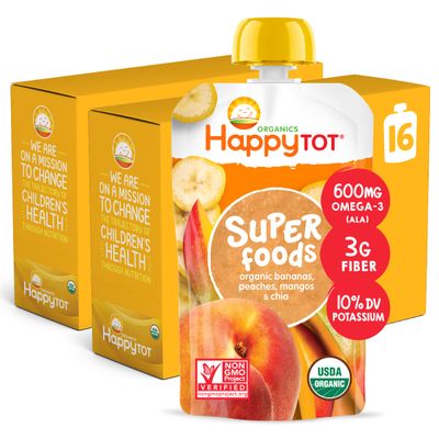 Happy Tot Organics Stage 4 Baby Food Pouches, Gluten Free, Vegan Snack, SuperFoods Fruit &amp; Veggie Puree, Bananas, Peaches, Mangos &amp; Chia, 4.22 Ounce (Pack of 16)