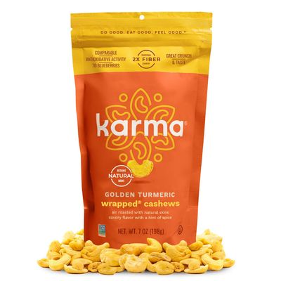 Golden Turmeric Wrapped Whole Cashews by Karma Nuts, Air Roasted with Natural Skins, 2X more Fiber, Whole 30, Peanut-Free Facility, Kosher, Everyday Nut Snack, 7oz Resealable Bag Golden Turmeric Wrapped Whole Cashews by Karma Nuts, Air Roasted with Natural Skins, 2X more Fiber, Whole 30, Peanut-Free Facility, Kosher, Everyday Nut Snack, 7oz Resealable Bag