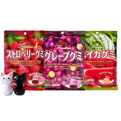 UMAYA - Kasugai Fruita Gummies - Japanese Fruity &amp; Soft Gummy Candy 3 Pack Bundle With A Cute Cat Snack Bag Clip - One Pack Of Each Flavor - Strawberry (3.59oz), Grape (3.77oz), &amp; Watermelon (3.77oz)