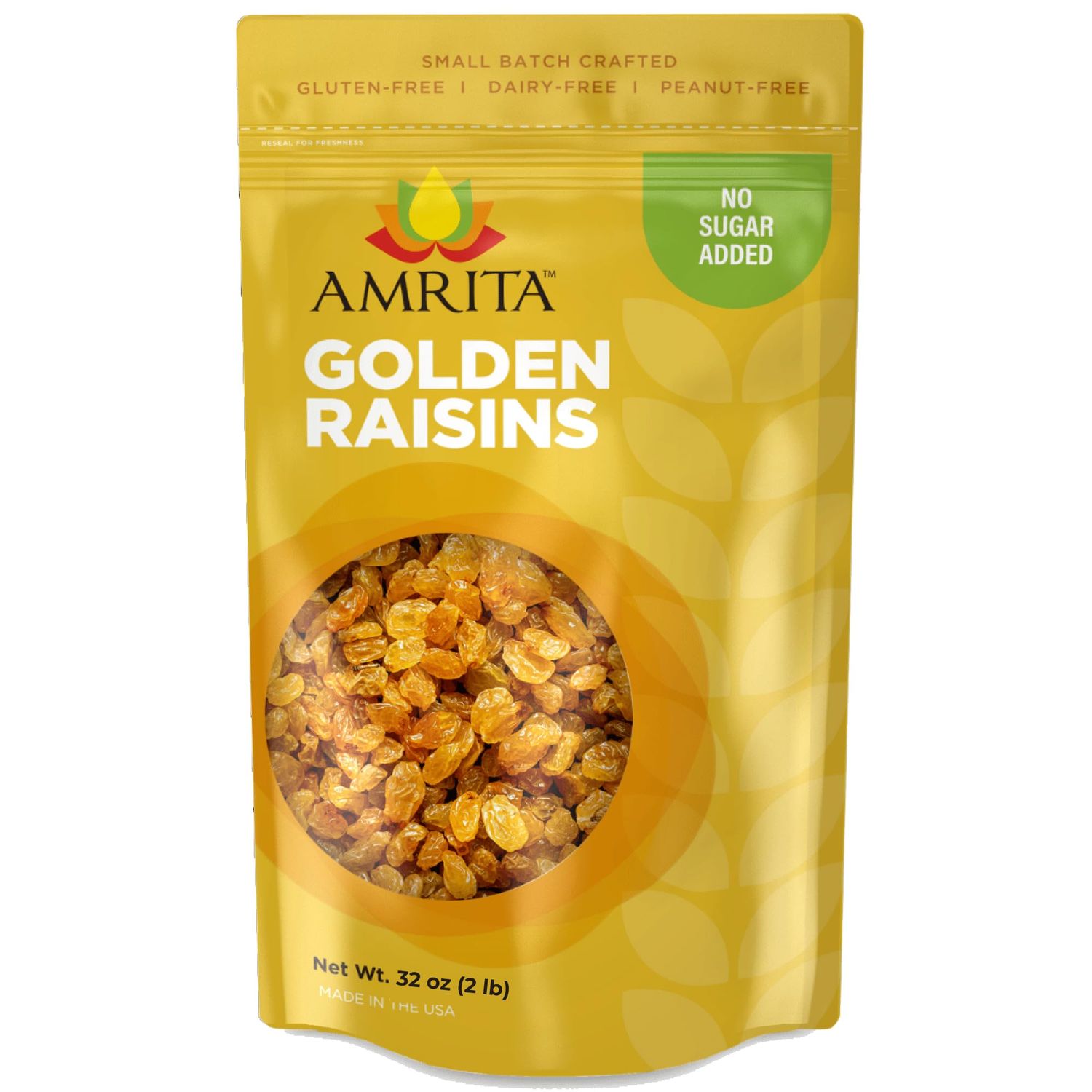 Amrita Golden Raisins 2 lb  No Added Sugar, Naturally Sweet, Gluten Free Dried Sultanas, Kishmish  Packed Fresh in Resealable Bags  Yellow Raisins, White Raisins, Vegan Snacks, Healthy Snacks