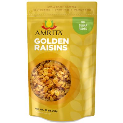 Amrita Golden Raisins 2 lb  No Added Sugar, Naturally Sweet, Gluten Free Dried Sultanas, Kishmish  Packed Fresh in Resealable Bags  Yellow Raisins, White Raisins, Vegan Snacks, Healthy Snacks