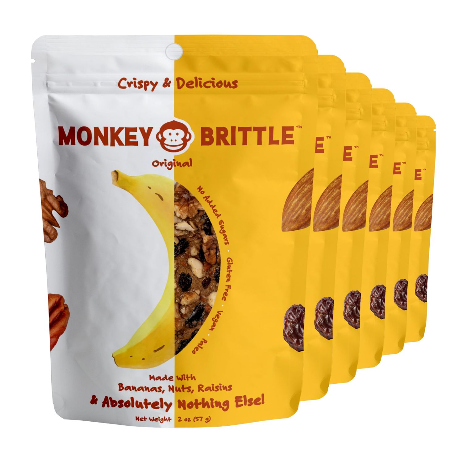 Monkey Brittle Healthy Snacks, Crispy Plant-Based Treats for Kids &amp; Adults, Vegan &amp; Gluten-Free, All-Natural Snack for School, Sports, Camping &amp; On-the-Go (Pack of 6), Original