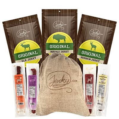 Exotic Jerky Gift Bag - 3 Bags of Exotic Jerky and 4 Exotic Sticks, including Venison, Buffalo, and Elk!