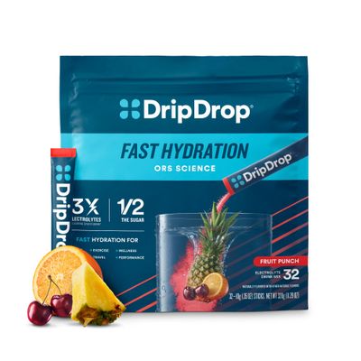 DripDrop Hydration Packets - Fruit Punch - Single Serve Electrolytes Powder Drink Mix - Non-GMO, Gluten Free, Vegan - 32 Sticks