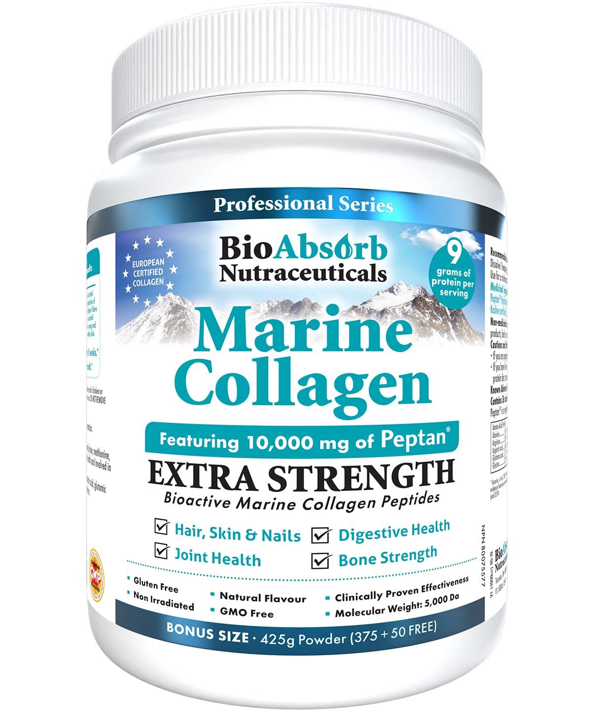 Bio Absorb Marine Collagen Powder, Extra Strength w/Peptan (Type 1 Hydrolyzed Collagen Peptides), 15 oz, 42-Day Supply
