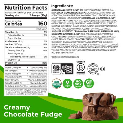 Orgain Organic Vegan Protein  50 Superfoods Powder, Creamy Chocolate Fudge - 21g Plant Based Protein, 10g Prebiotic Fiber, No Lactose Ingredients, Gluten Free, No Added Sugar, Non-GMO, 1.12 lb