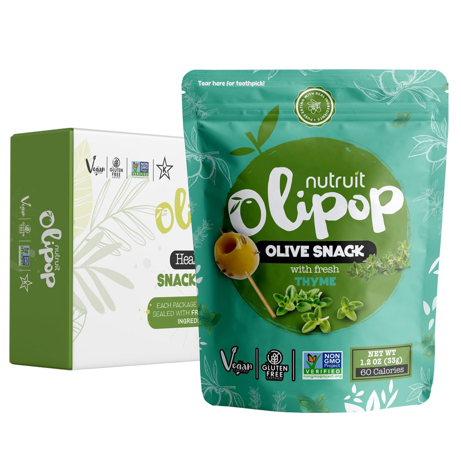 Nutruit Olives Snacks - Pitted Olives with Fresh Thyme - Fresh Aegean Green Olives - Vegan, Non-GMO, Gluten Free, Kosher, Paleo, Sugar Free - Comes with Wooden Stick - 1.2oz (20-Pack)