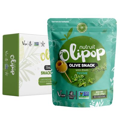 Nutruit Olives Snacks - Pitted Olives with Fresh Thyme - Fresh Aegean Green Olives - Vegan, Non-GMO, Gluten Free, Kosher, Paleo, Sugar Free - Comes with Wooden Stick - 1.2oz (20-Pack)