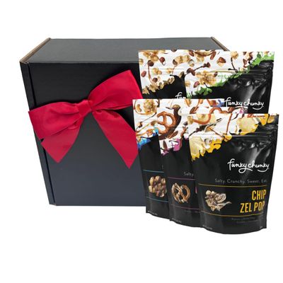Funky Chunky  Gourmet Chocolate Popcorn Gift Box  Caramel, Nutty Choco Pop, PB Cup, Chip Zel Pop, Choc Prezel Flavors  5oz Bags (5) Gift Box