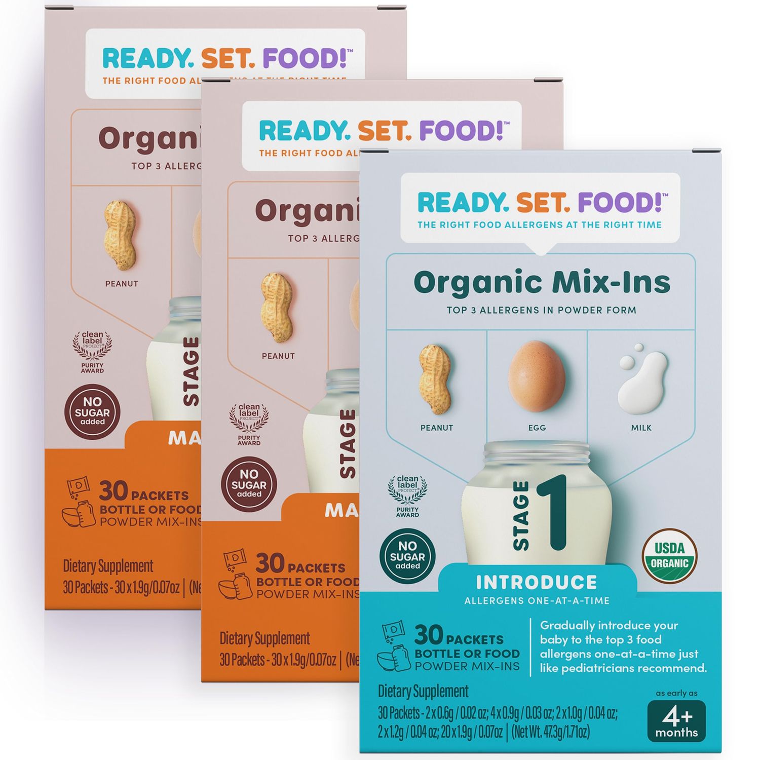 Stage 1 &amp; 2 Mix-ins - Safe&amp;Easy Early Allergen Introduction, Babies 4 Months, Mix with Breastmilk, Formula &amp; Baby Food, With 3 Top Allergens: Organic Peanuts, Milk &amp; Eggs By Ready Set Food!(90 Days)
