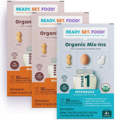 Stage 1 &amp; 2 Mix-ins - Safe&amp;Easy Early Allergen Introduction, Babies 4 Months, Mix with Breastmilk, Formula &amp; Baby Food, With 3 Top Allergens: Organic Peanuts, Milk &amp; Eggs By Ready Set Food!(90 Days)