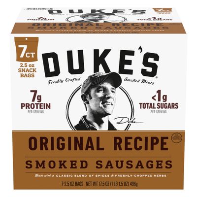 Duke&#39;s Pork Original Smoked Shorty Sausages, 7g Protein Per Serving, 2.5 oz. Snack Bags (Pack of 7)