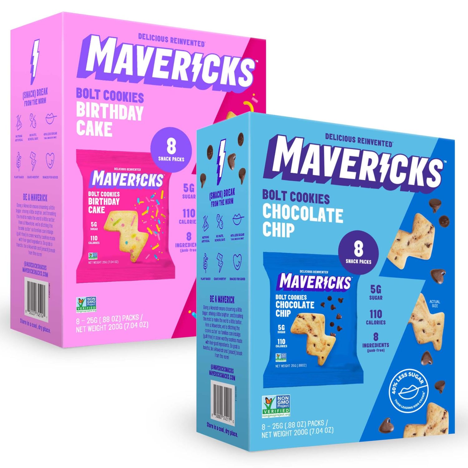 Mavericks Cookie Variety Pack - Healthy Cookies, Dairy Free Cookies, Vegan Friendly, Plant Based Snack for Kids - Chocolate Chip &amp; Birthday Cake - 2 Boxes (16 Pouches)
