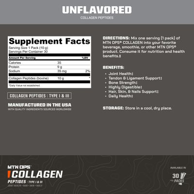 MTN OPS Collagen Protein Powder On-The-Go Packs, 30 Packs per Bag of Unflavored, Highly Digestible Protein with 9g of Protein per Serving
