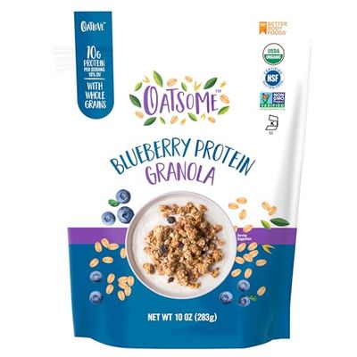 Oatsome Blueberry Protein Granola, 10g Protein, Gluten Free, Made with Whole Grain Organic Oats, Real Blueberries, &amp; Hemp Seeds, for Protein Snacks Cereals Breakfast Yogurt, 10 Oz Bag