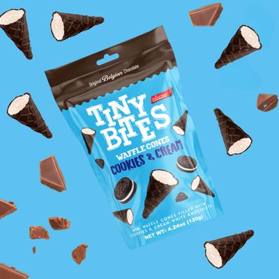Tiny Bites - Crispy Mini Waffle Cones Treats - Premium Belgian Chocolate, 4.24 oz Bag (Pack of 2) - Delicious Variety of Flavors, Perfect Snack, Dessert, or Ice Cream Topping (2 Pack, Cookies & Cream)