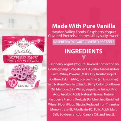 Hayden Valley Foods Raspberry Yogurt Covered Pretzels  5 oz Resealable Bag  Gourmet Flavored Pink Valentine's Day Pretzels