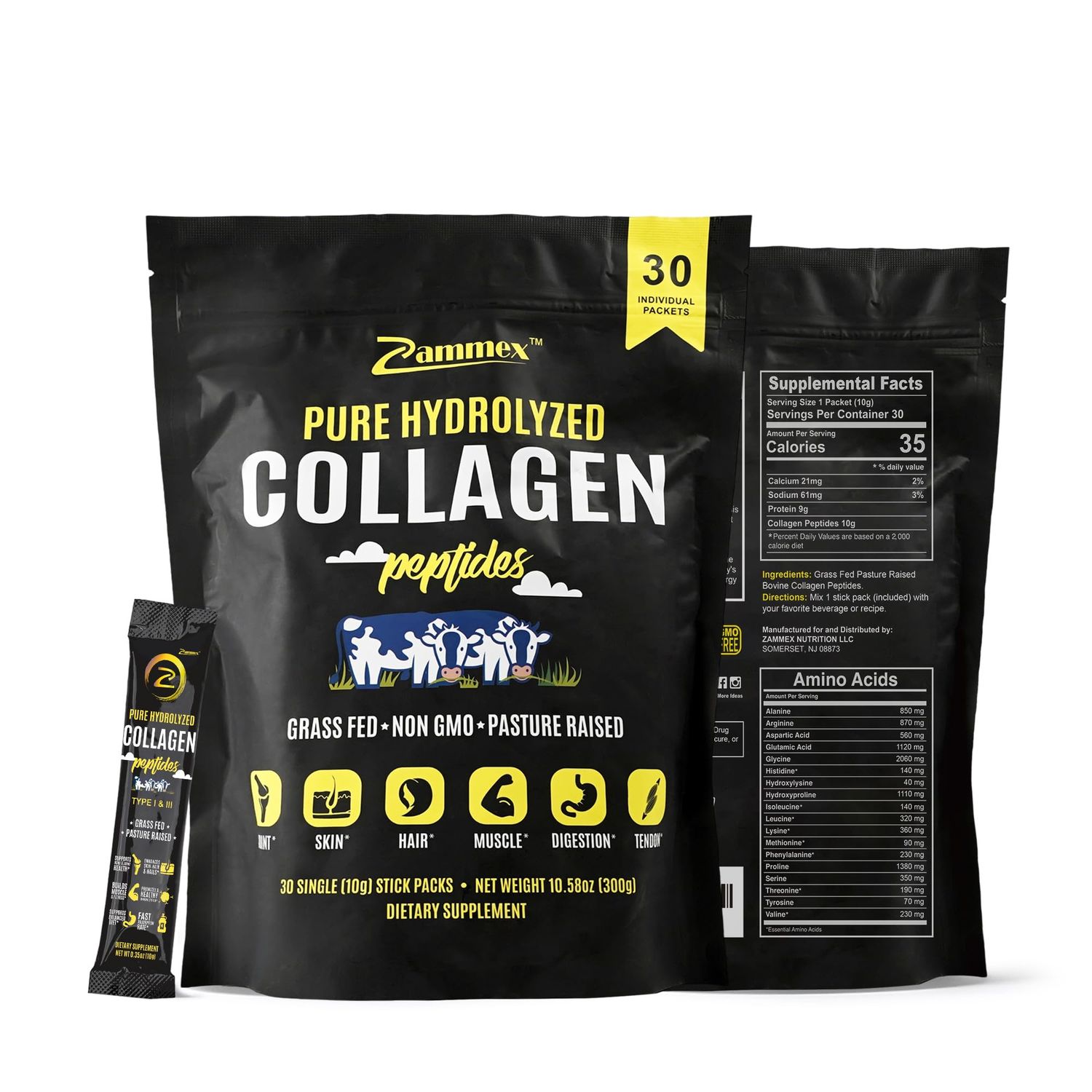 Zammex Premium Collagen Peptides Powder, 30 Sticks Travel Packets(Type I, III), Unflavored Collagen Protein Powder to Go, Hydrolyzed Collagen Peptide for Skin Hair Nail Joint, 10g per Serving