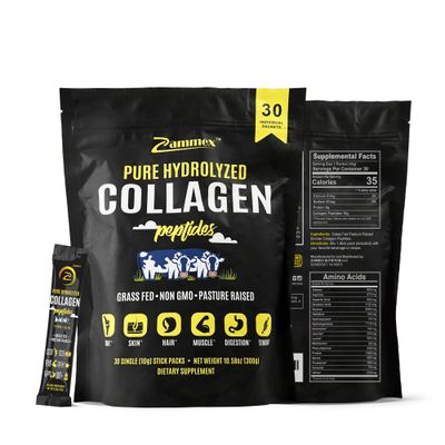 Zammex Premium Collagen Peptides Powder, 30 Sticks Travel Packets(Type I, III), Unflavored Collagen Protein Powder to Go, Hydrolyzed Collagen Peptide for Skin Hair Nail Joint, 10g per Serving