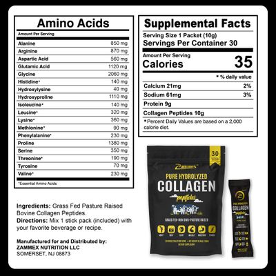 Zammex Premium Collagen Peptides Powder, 30 Sticks Travel Packets(Type I, III), Unflavored Collagen Protein Powder to Go, Hydrolyzed Collagen Peptide for Skin Hair Nail Joint, 10g per Serving