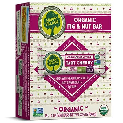 Happy Village Organic Fruit &amp; Nut Bar, TART CHERRY  Gluten Free, No Refined Sugar, Kosher, Non-GMO, Vegan, Good Source of Fiber  Organic Healthy Snack Bars (16 bars, 1.4 OZ each)