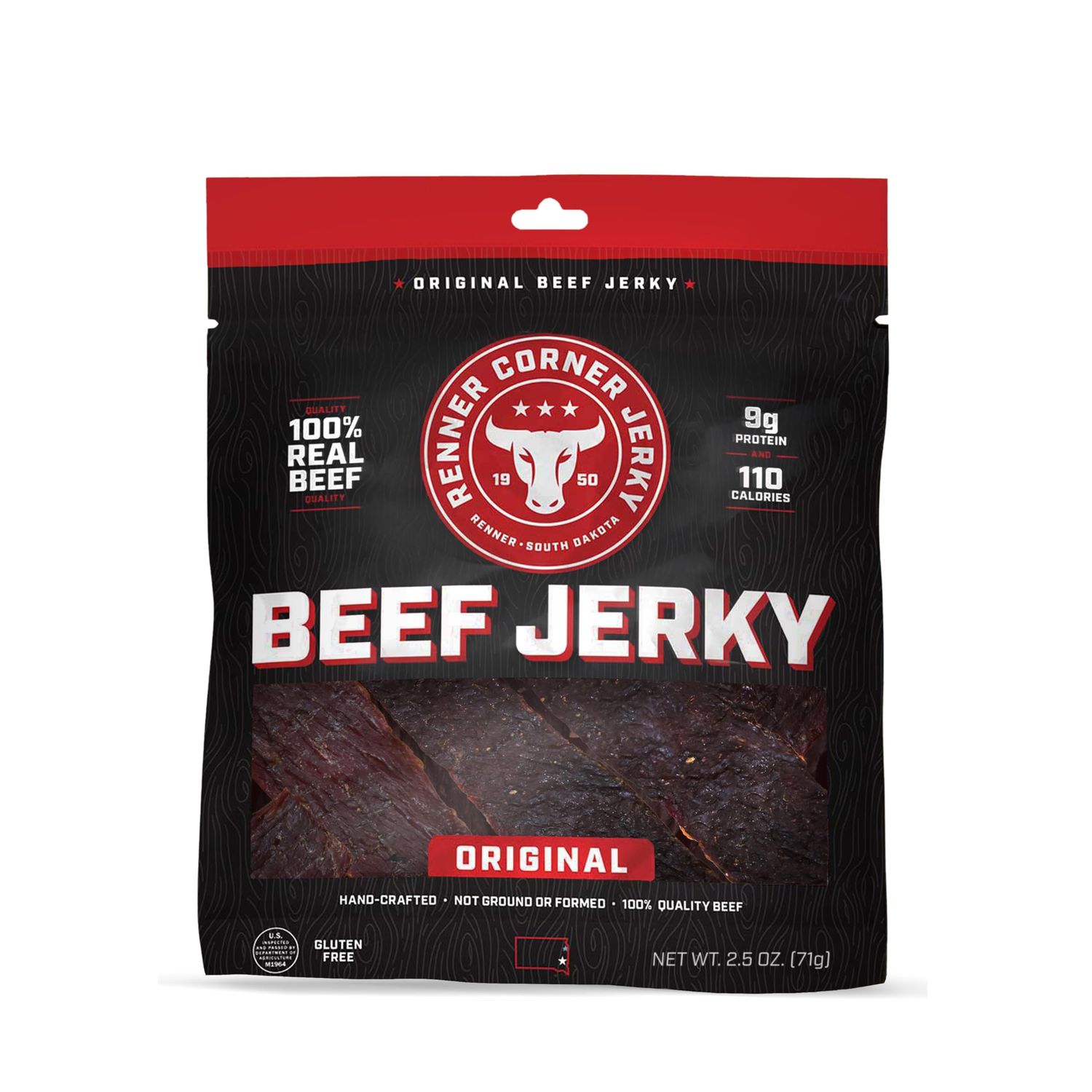 Renner Corner Jerky&#39;s Original Beef Jerky (2.5oz) - 100% Natural, Handcrafted Premium Beef, Made in South Dakota, No Additives or Chemicals, Cured in Smokehouse, Never Processed