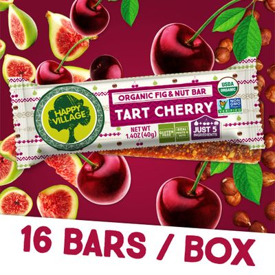 Happy Village Organic Fruit & Nut Bar, TART CHERRY Gluten Free, No Refined Sugar, Kosher, Non-GMO, Vegan, Good Source of Fiber Organic Healthy Snack Bars (16 bars, 1.4 OZ each)
