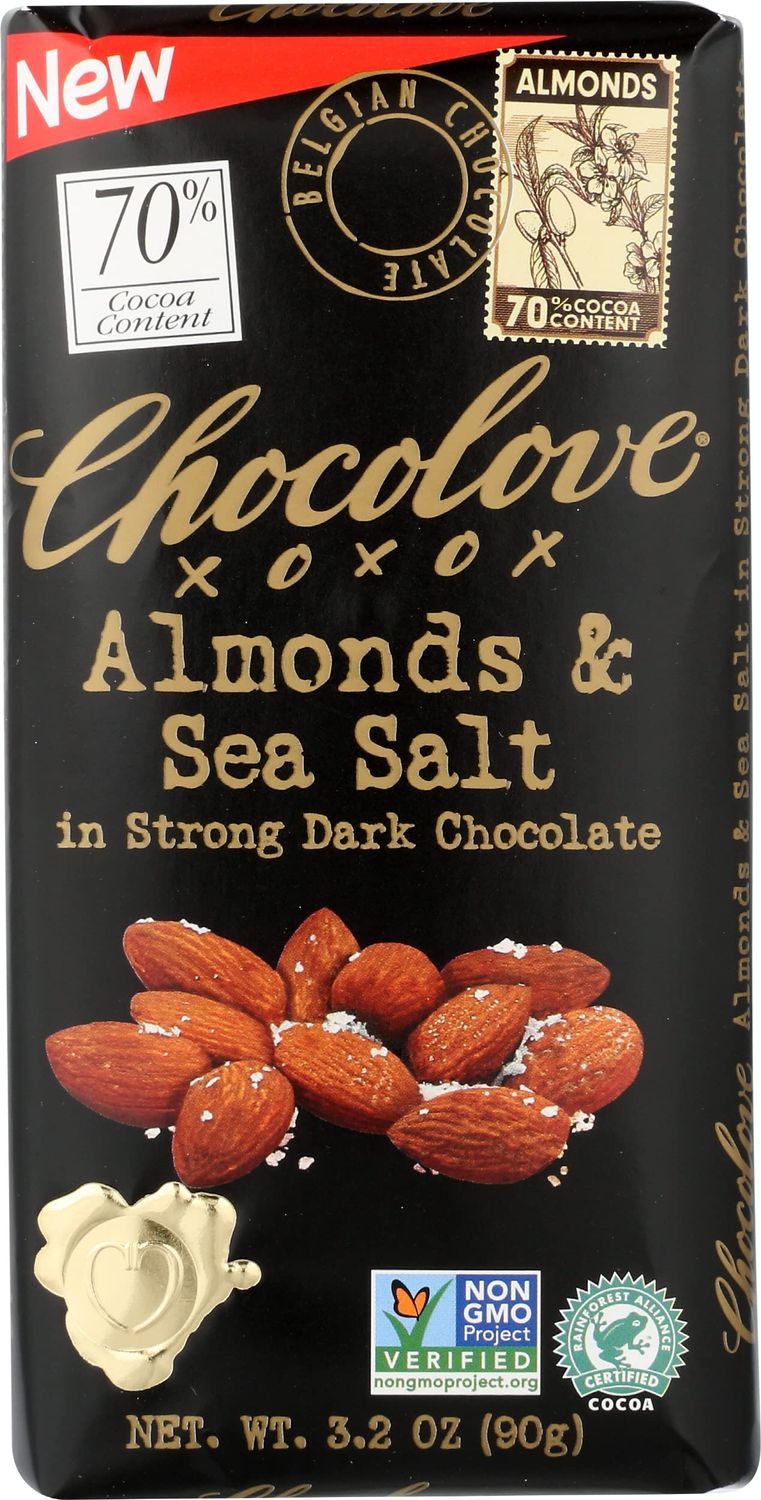 Chocolove Almonds &amp; Sea Salt in Strong Dark Chocolate, Dairy Free, Gluten Free &amp; Non-GMO, 3.2 Oz (Pack of 12), Natural