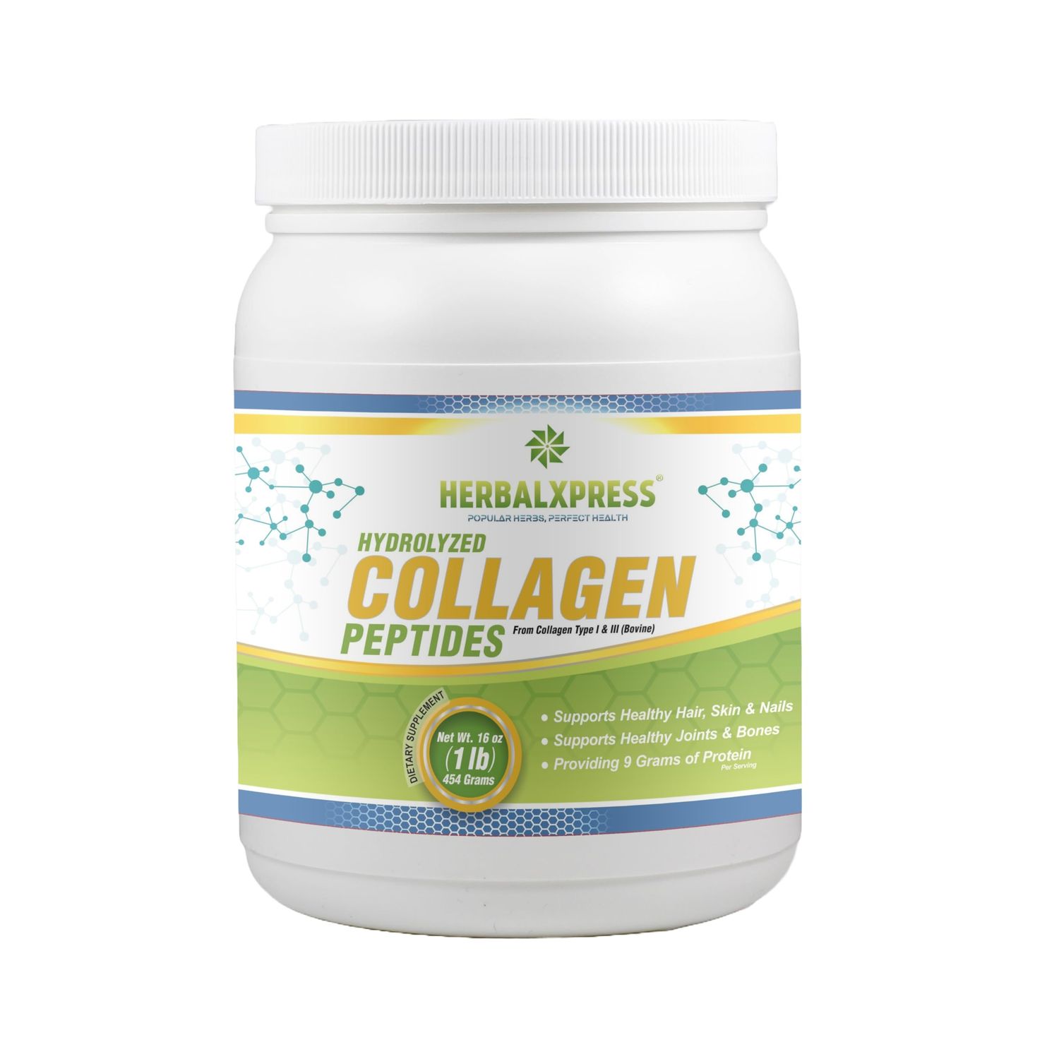 Herbalxpress Hydrolyzed Collagen Peptides Powder 454 Grams (16 oz) (1 Pound) - Providing 9 Grams of Protein per Serving - Type I &amp; III (Bovine).