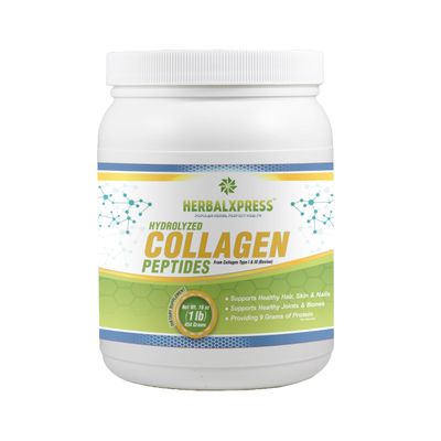 Herbalxpress Hydrolyzed Collagen Peptides Powder 454 Grams (16 oz) (1 Pound) - Providing 9 Grams of Protein per Serving - Type I &amp; III (Bovine).