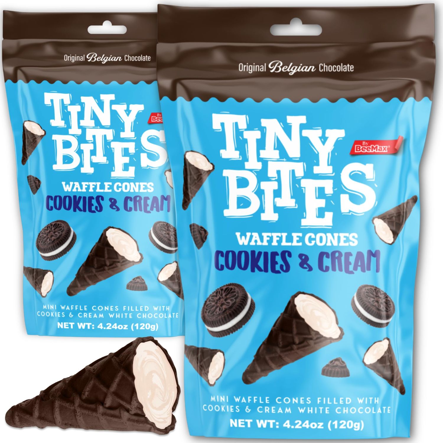 Tiny Bites - Crispy Mini Waffle Cones Treats - Premium Belgian Chocolate, 4.24 oz Bag (Pack of 2) - Delicious Variety of Flavors, Perfect Snack, Dessert, or Ice Cream Topping (2 Pack, Cookies &amp; Cream)