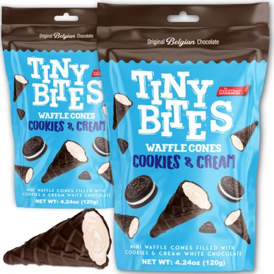 Tiny Bites - Crispy Mini Waffle Cones Treats - Premium Belgian Chocolate, 4.24 oz Bag (Pack of 2) - Delicious Variety of Flavors, Perfect Snack, Dessert, or Ice Cream Topping (2 Pack, Cookies &amp; Cream)