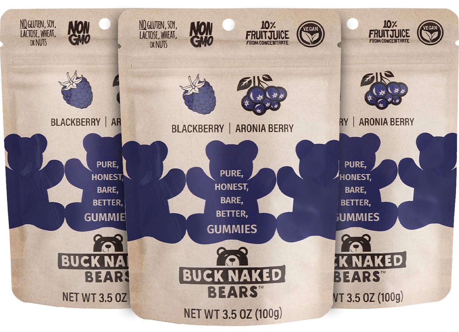 Buck Naked Bears - Blackberry Aronia Gummy Bears - Soft, Smooth &amp; Sweeter Like a Fruit Snack - Plant-Based, Vegan, Non-GMO - Non-GMO - 3.5oz (3-Pack)