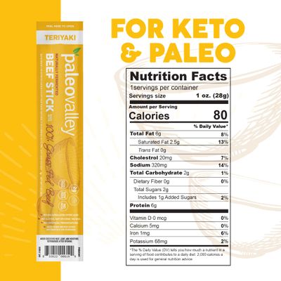 Paleovalley 100% Grass Fed Teriyaki Beef Sticks - Delicious Gluten Free Beef Snack - High Protein Keto Friendly