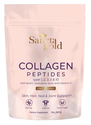 Sancta Gold Multi Collagen Peptides Powder, 2 lbs, for Skin, Hair &amp; Nails, Type I, II, III, V, X Hydrolyzed Collagen Peptides with Hyaluronic Acid &amp; Vitamin C, Unflavored Protein Supplement for Women