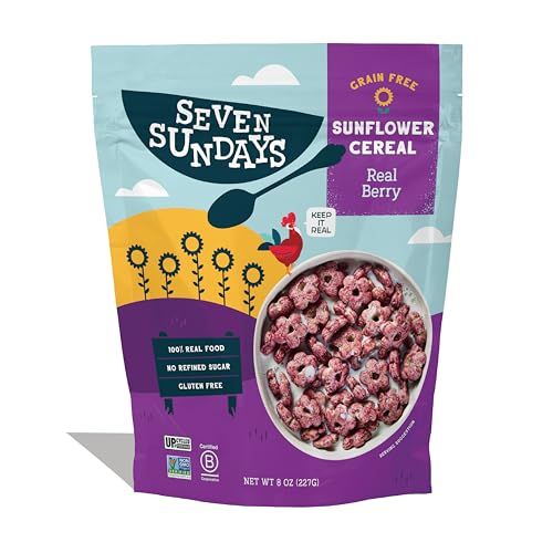 Seven Sundays Sunflower Cereal, Real Berry, 8 Oz Bag, Grain &amp; Gluten Free, 5g Upcycled Protein, 0g Refined Sugar, Crunchy Fruity Snack