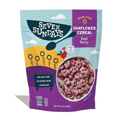 Seven Sundays Sunflower Cereal, Real Berry, 8 Oz Bag, Grain &amp; Gluten Free, 5g Upcycled Protein, 0g Refined Sugar, Crunchy Fruity Snack