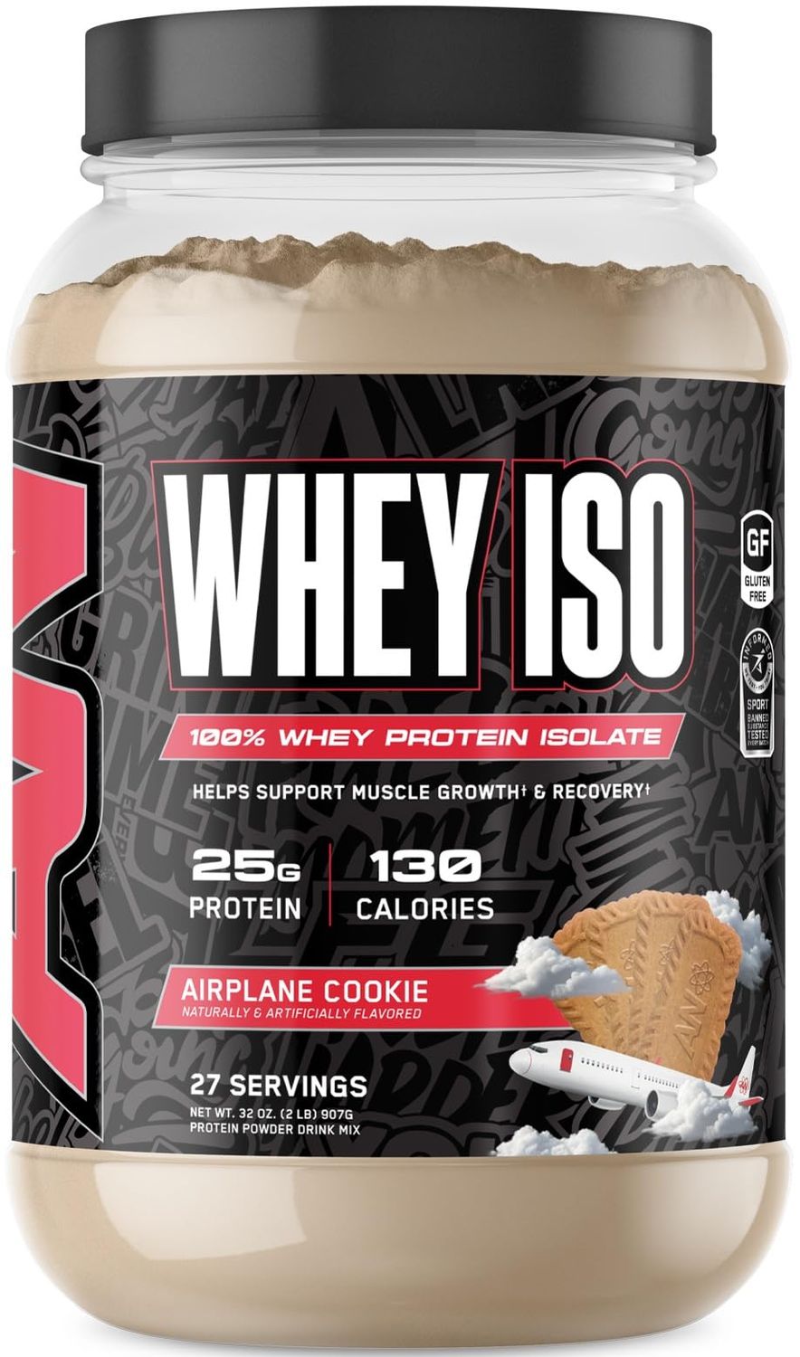 All Black Everything 25g Whey Protein Powder  Airplane Cookie  27 Servings  Whey Protein Isolate  Low Carbs &amp; Low Sugar  MCTs